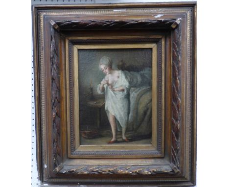 Oil on panel, of bedroom scene of lady 1780 framed 27cmx20cm