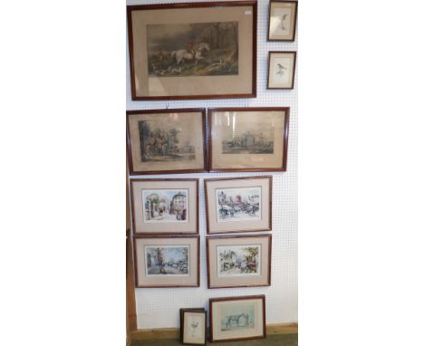 Three hunting prints, four continental prints and others