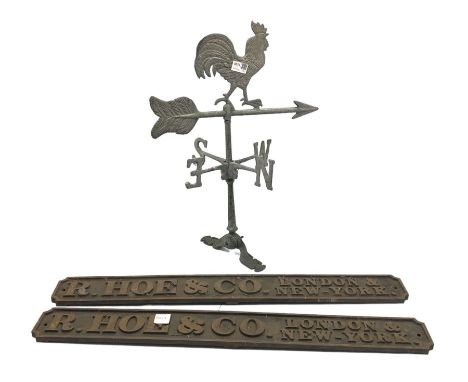 Pair of cast iron signs 'R. Hoe &amp; Co, London &amp; New York 80cm x 10cm and a weather vane (3)