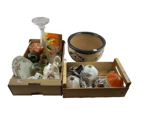 Glazed earthenware jardinere H26cm, vintage light shades, large wrythen glass candlestick, tea ware etc in two boxes
