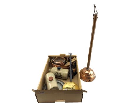 Brass chestnut roaster, planter, pewter plate, other metalware and two stoneware hot water bottles 