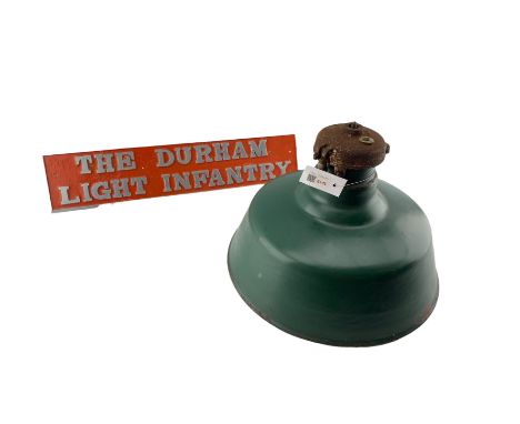 Vintage green enamel industrial light shade D41cm and reproduction 'The Durham Light Infantry' plaque (2)