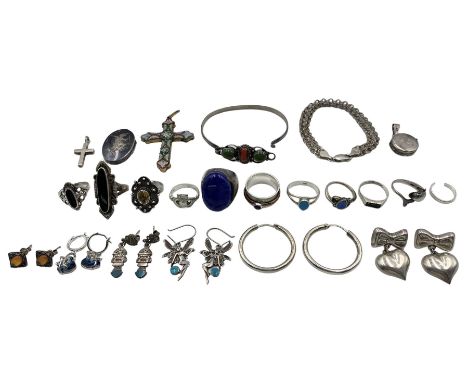 Collection of vintage silver including a large lapis lazuli ring, lockets, bangle, various other rings, together with a gilt 