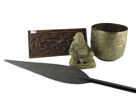 Indian brass jardiniere D25cm, carved oak panel, tribal paddle and a Buddha (4)
