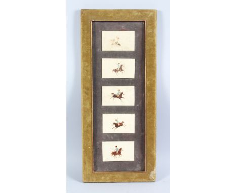 A SET OF FIVE 19TH CENTURY PERSIAN QAJAR POLO PAINTINGS on ivory in a single frame, each 6cm x 10cm.