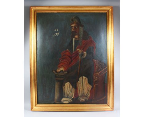A LATE 19TH CENTURY PERSIAN QAJAR THREE QUARTER LENGTH OIL PORTRAIT OF A RULER, 90cm x 70cm.