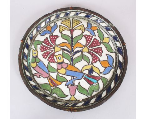 A 19TH CENTURY DEMASCUS COPPER AND COLOURED ENAMEL CIRCULAR TRAY, decorated with two colourful birds, 33cm diameter.