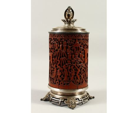 A 19TH / 20TH CENTURY CHINESE BAMBOO BRUSH POT / LIDDED BOX,  later added French metalwork to convert to a box, the mountings