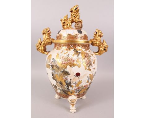 A LARGE JAPANESE MEIJI PERIOD SATSUMA KORO &amp; COVER, the large vessel well decorated to depict birds amongst chrysanthemum