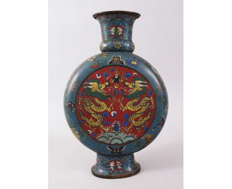 A GOOD 19TH CENTURY CHINESE CLOISONNE MOON FLASK,  with dragons, butterflies and floral decoration, 37.5cm high x 24.5cm high