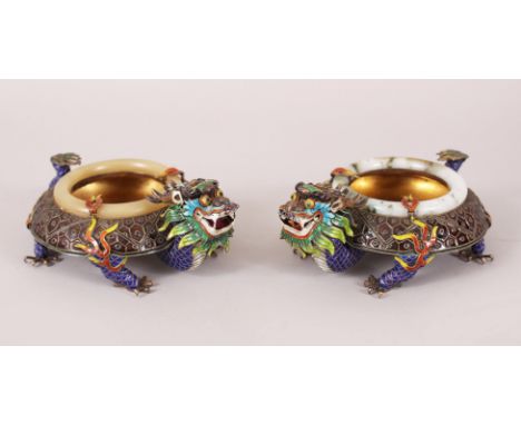 A GOOD PAIR OF 19TH CENTURY CHINESE SILVER GILT, ENAMEL &amp; JADE DISHES, the dishes formed in to wide body dragon dishes, t