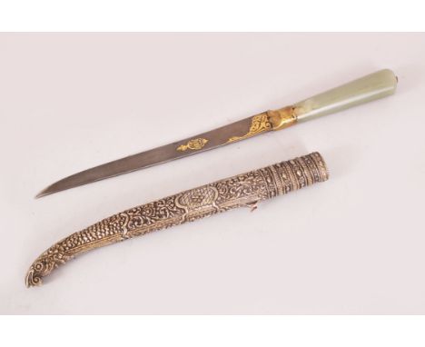 A SUPERB 18TH CENTURY OTTOMAN TURKISH DAGGER WITH JADE HANDLE, set with a ruby and gold inlaid watered steel blade and silver