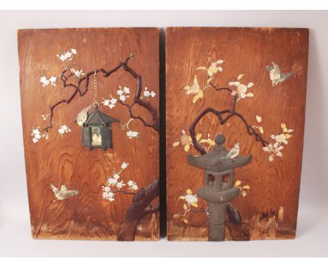 A PAIR OF JAPANESE MEIJI PERIOD SHIBAYAMA IVORY INLAID PANELS, the panels with carved &amp; stained ivory and mother of pearl