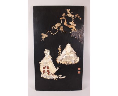 A GOOD JAPANESE MEIJI PERIOD SHIBAYAMA IVORY INLAID PANEL, the panels with carved &amp; stained ivory and mother of pearl to 