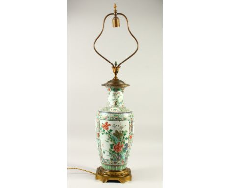 A 19TH CENTURY CHINESE FAMILLE VERTE PORCELAIN VASE CONVERTED TO A LAMP, the body of the vase with various panels of native f