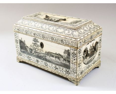 @A GOOD 18TH CENTURY VIZAGAPATAM TEA CADDY WITH PENWORK DECORATION, 18cm high, 27cm wide.