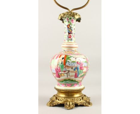 A GOOD 19TH CENTURY CHINESE CANTON FAMILLE ROSE VASE AS LAMP, later fitted with metal mounts for a lamp, decorated with scene