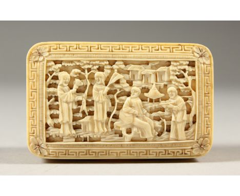 A 19TH CENTURY CHINESE CARVED IVORY SNUFF BOX, carved in deep relief with scenes of figures exterior, with a rose gold colour