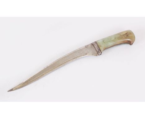 A 17TH-18TH CENTURY MOGHUL INDIAN DAGGER with a jade handle, 34cm long.