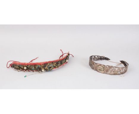 TWO CHINESE SILVER METAL GILDED ENAMEL COURT BANDS.