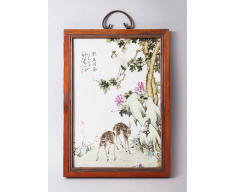 A VERY GOOD CHINESE REPUBLICAN PERIOD FAMILLE ROSE ENAMEL FRAMED PANEL OF DEER AND CRANE SIGNED YU ZIMING, the panel well pai