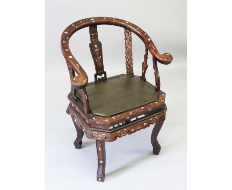 A GOOD 19TH / 20TH CENTURY CHINESE HARDWOOD HOOP BACK ARM CHAIR, profusely inlaid with carved ivory &amp; exotic woods depict