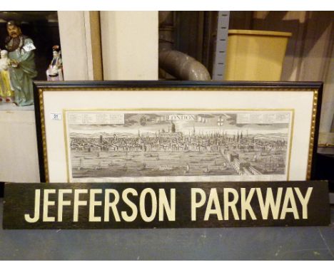 Dickensian London print and a Jefferson parkway wooden sign