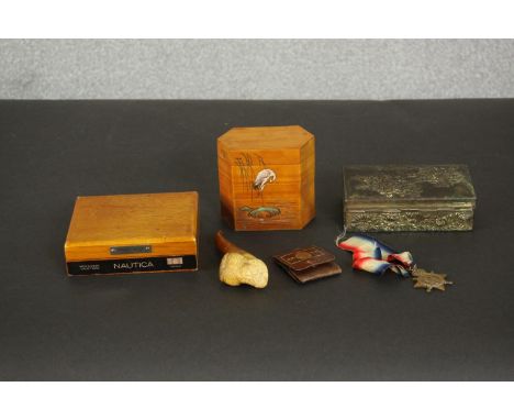 A collection of boxes and other items, including a meerschaum pipe in the form of a man in a turban, a silver plated Japanese