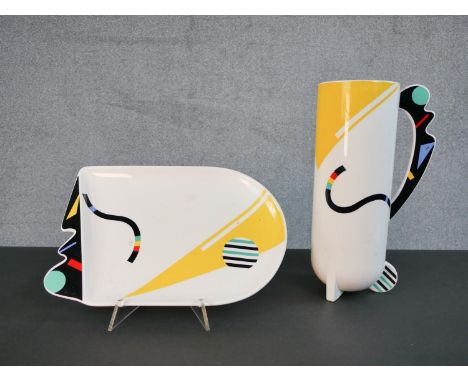 A 1980s postmodern Kato Kogei Fujimori Humoresque ceramic pitcher and serving plate, makers mark to base. H.32.5 W.16cm (larg