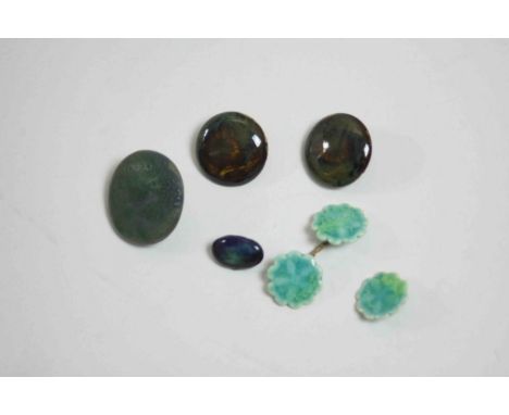 A collection of seven Arts and Crafts glazed ceramic buttons, two stamped Ruskin. Dia.3cm. (largest) 