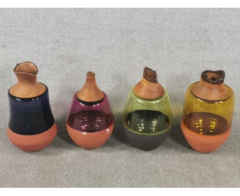 Four Utopia &amp; Utility handblown coloured Czech glass, wheel thrown Italian ceramic and hand turned wood stacking vessels.