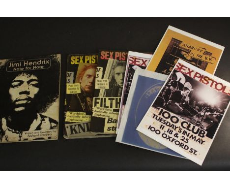 Jimi Hendrix Note for Note Paperback – 1 Oct. 1980 along with various Sex Pistols magazines and memorabilia. H.30 W.22cm. (la