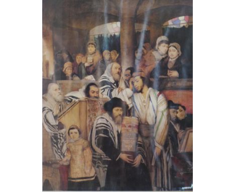 After Maurycy Gottlieb (1856 - 1879), a gilt framed coloured lithograph, congregation praying in a synagogue on Yom Kippur, 1