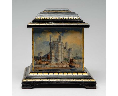 WELSH FOLK ART SLATE TEA CADDY circa 1850, with four hand-painted panels depicting north Wales landmarks, including Eagle Tow