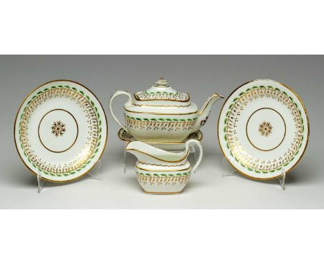 SWANSEA PORCELAIN PART TEA SERVICE circa 1820, set pattern '251', decorated with green and gilt leaf bands, comprising teapot