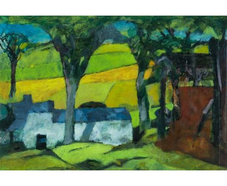 ‡ JOHN ELWYN (Welsh 1916-1997) acrylic on paper - entitled verso, 'Shaded Barns', with John Elwyn Studio stamp verso, circa 1