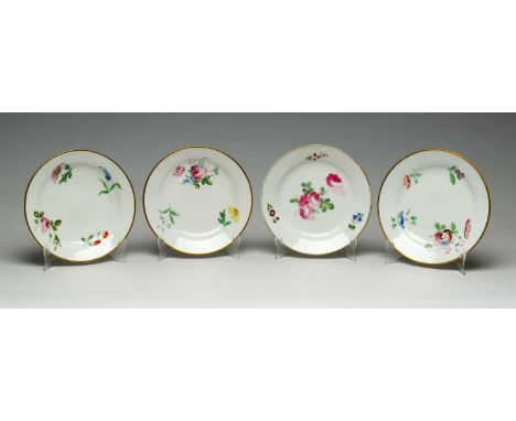 SET OF FOUR SWANSEA PORCELAIN DESSERT PLATES circa 1818-1820, in the Trident paste, each painted with sprays and sprigs of su