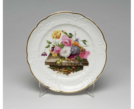 NANTGARW PORCELAIN DESSERT PLATE circa 1813-1820, painted by Moses Webster, with full blown summer flowers on a dentil moulde