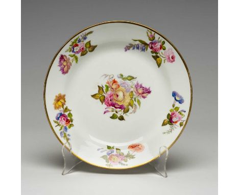 SWANSEA PORCELAIN PLATE circa 1815-17, painted by Henry Morris with tight sprays of summer flowers in the centre and at the b