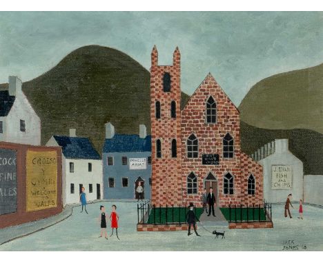 ‡ JACK JONES (Welsh 1922-1993) oil on canvas - 'St Ioan's, Morriston', figures and dog outside church, bill boards with one r