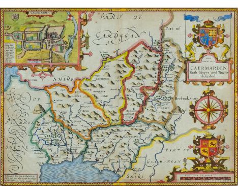 JOHN SPEED coloured 1610 copper engraved map - entitled in cartouche 'Caermarden, Both Shyre and Town described', with inset 