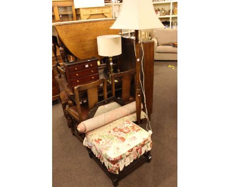 Miniature five drawer chest, standard lamp and shade, stool, carved oak wall mirror, rug and brass table lamp (6).