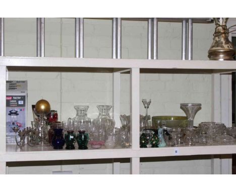 Collection of various clear and coloured glass, Coleman Duel Fuel lantern, candle holders, etc.