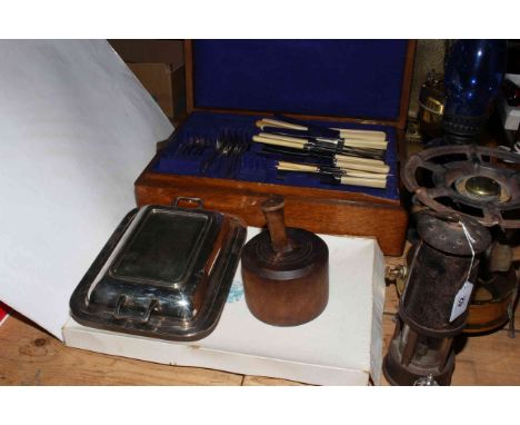 World Cup Series 1966 Middlesbrough tray, treen stamper, cased canteen of cutlery, Primus Sweden oil lamp, miners lamp, blue 