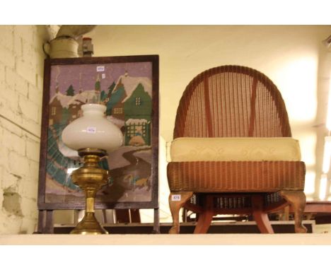 Lloyd Loom bedroom chair, folding table-firescreen, Eastern carved standard lamp and oil lamp (4).