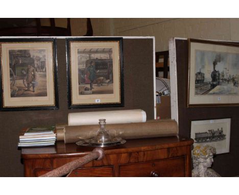 Railway interest: Architectural drawings, books, LNWR decanter, two LNER plated plates and pictures.