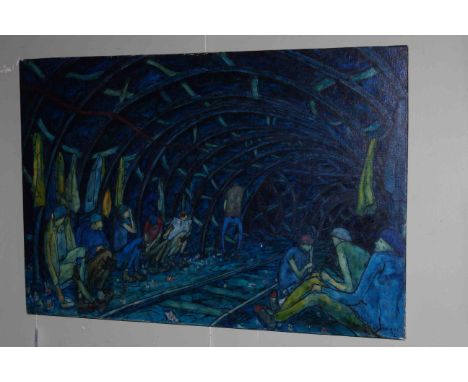 Tom McGuinness (1926-2006) British coal miner and artist, Break Time Underground, oil on canvas laid down on panel, signed an