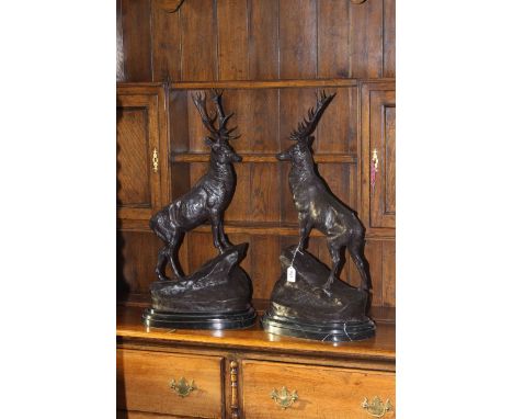 Pair of large impressive bronze stags on rocky outcrops, raised on marble plinths, 75cm high.