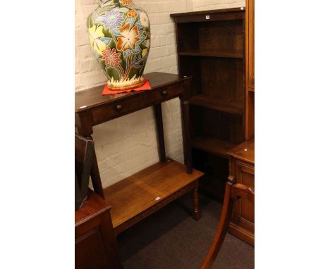 Four tier open bookcase, two drawer console table, rectangular oak coffee table and three drawer chest (4).