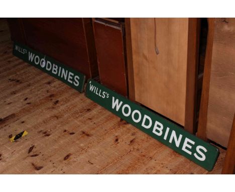 Pair vintage Wills Woodbines enamel signs, 122cm by 15cm.